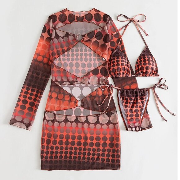 Polka Dot Print Triangle Bikini & Ring Linked Cover‎ Up size small - Picture 1 of 3